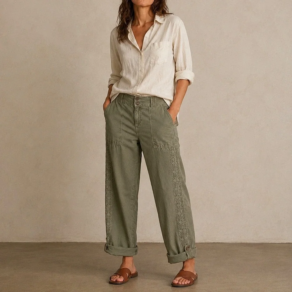 Sundance Linen Blend Boho Lace Trim Pants Size 4 Granola Coastal Grandmother